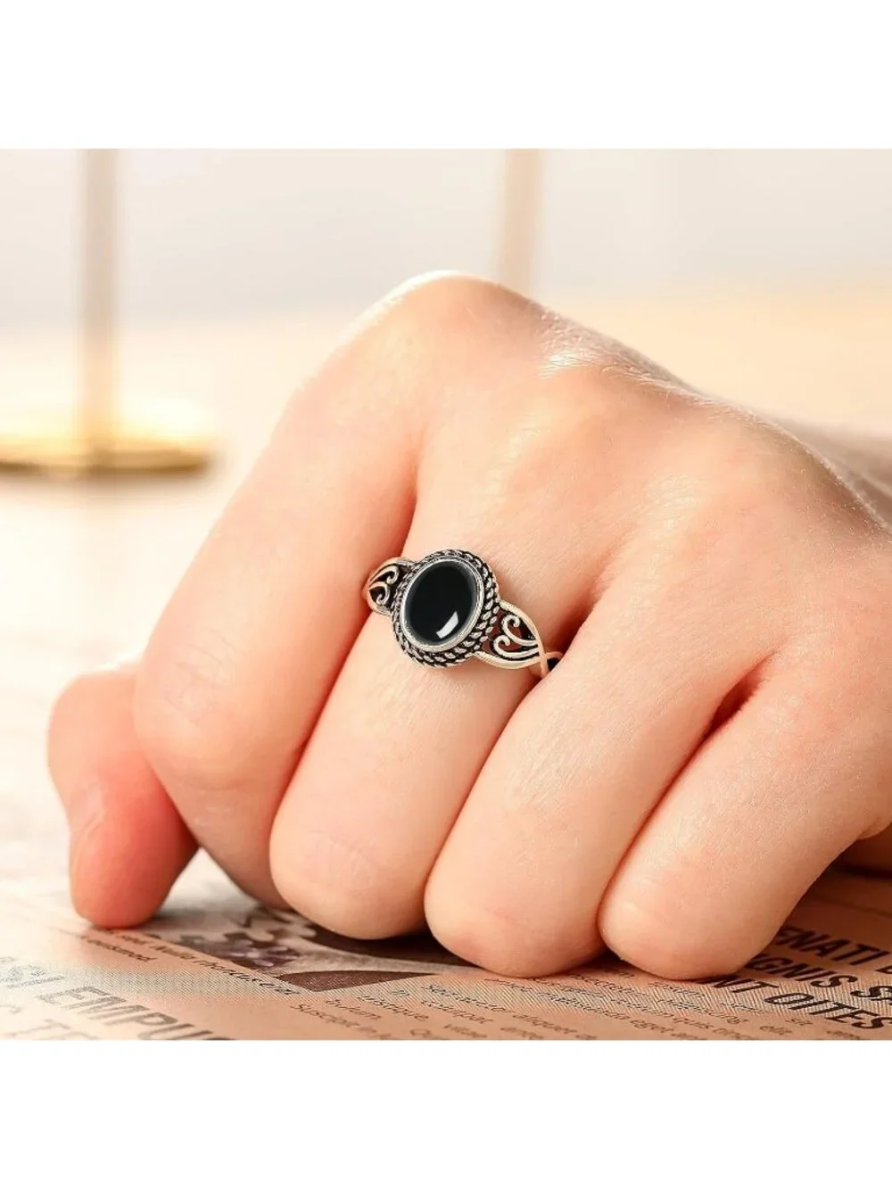 Women's Black Onyx 925 Sterling Silver Oval Adjustable Natural Stone Ring